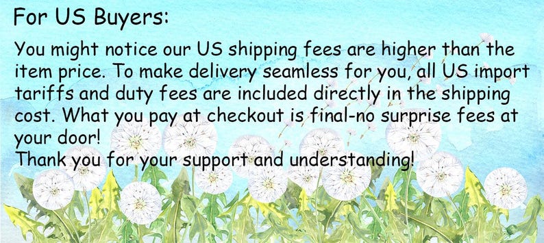 May include: A digital graphic featuring a light blue watercolor background with white dandelion seed heads and green stems at the bottom. The text reads: For US Buyers: You might notice our US shipping fees are higher than the item price.