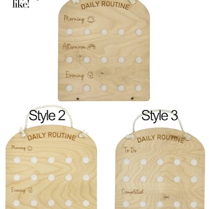 May include: Three different styles of wooden daily routine boards. Each board has a different design and layout. The first board has the words 'Daily Routine' at the top, followed by 'Morning', 'Afternoon', and 'Evening' with corresponding icons. The second board has the words 'Daily Routine' at the top, followed by 'Morning' and 'Evening' with corresponding icons. The third board has the words 'Daily Routine' at the top, followed by 'To Do' and 'Completed'.