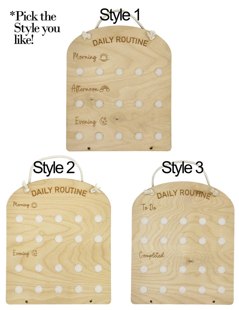 May include: Three different styles of wooden daily routine boards. Each board has a different design and layout. The first board has the words 'Daily Routine' at the top, followed by 'Morning', 'Afternoon', and 'Evening' with corresponding icons. The second board has the words 'Daily Routine' at the top, followed by 'Morning' and 'Evening' with corresponding icons. The third board has the words 'Daily Routine' at the top, followed by 'To Do' and 'Completed'.
