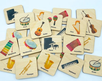 Montessori Wooden Music instruments matching cards, Homeschool music memory game