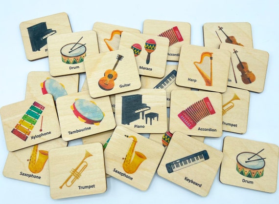 Montessori Wooden Music instruments matching cards, Homeschool music memory game