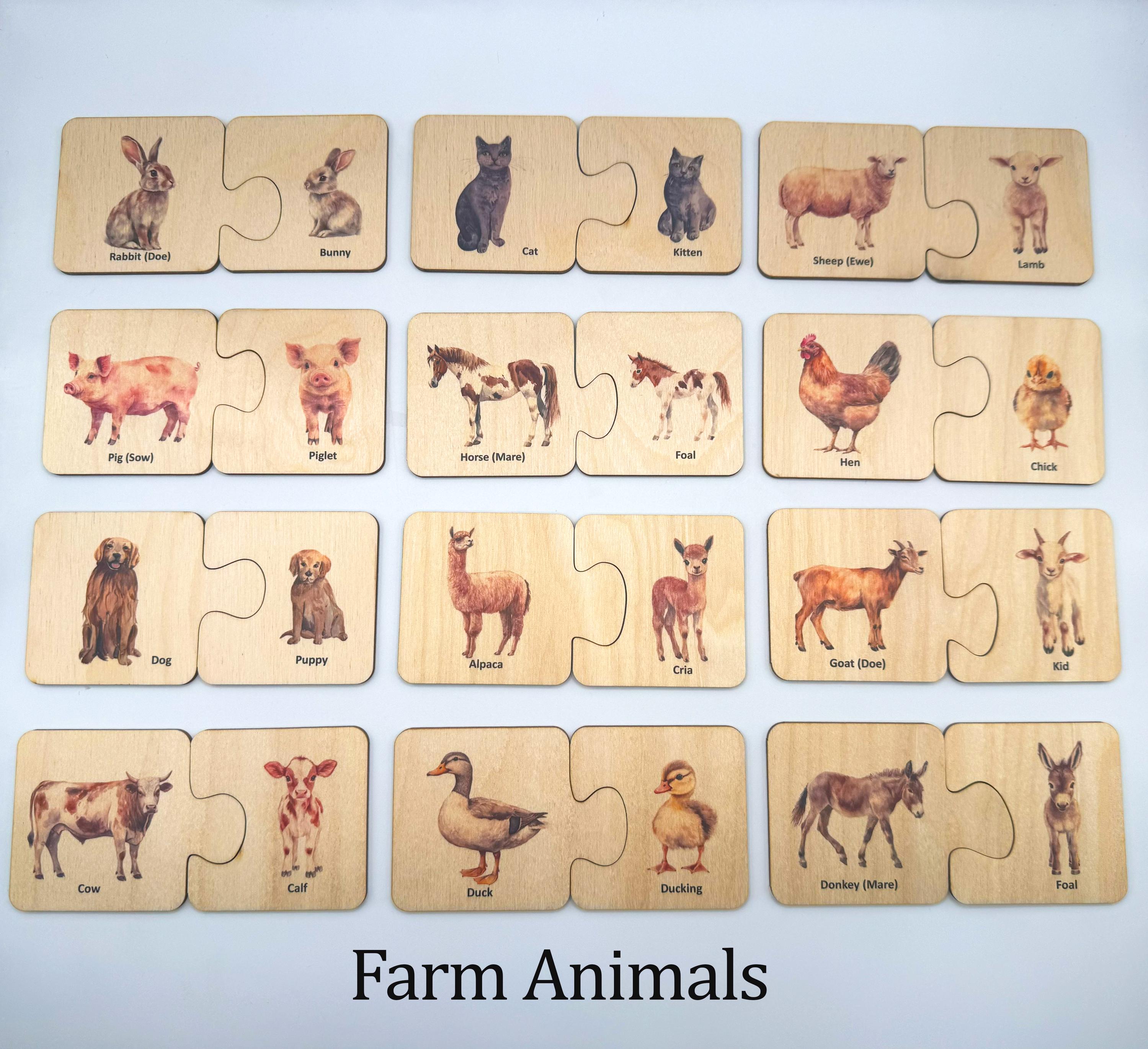 Wooden Montessori Mother Baby Animals Matching Puzzle, Homeschool ...