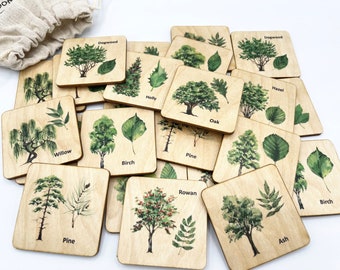 Wooden North American Tree leaf Matching Game, Montessori match Tree leaves activity for homeschool toddler preschooler kindergarten kids