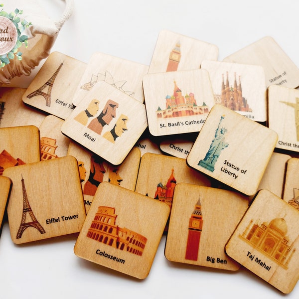 Wooden Montessori Landmarks of the World matching cards, Homeschool famous building memory game