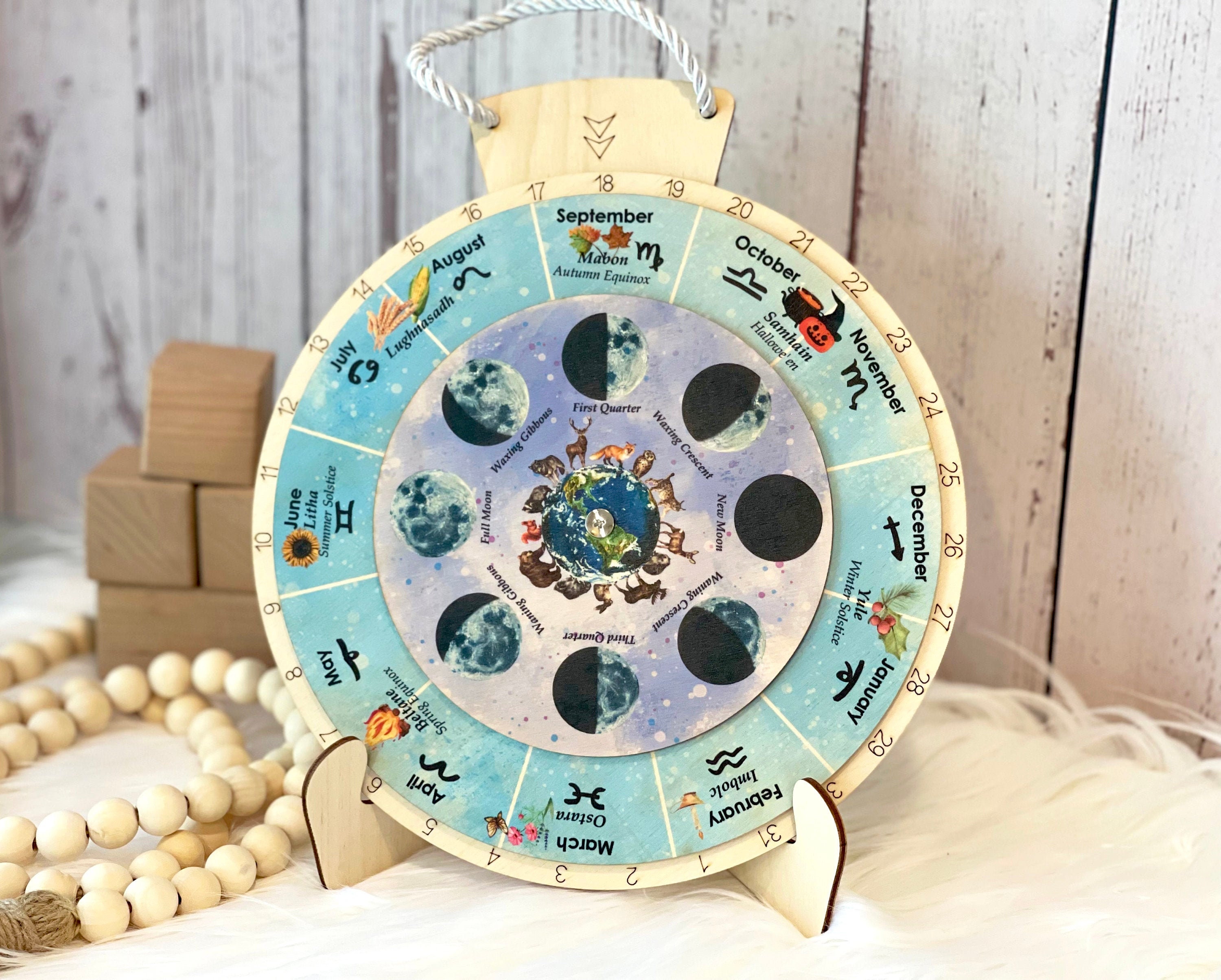 Wheel of the Year Wooden perpetual calendar Moon Phases Etsy