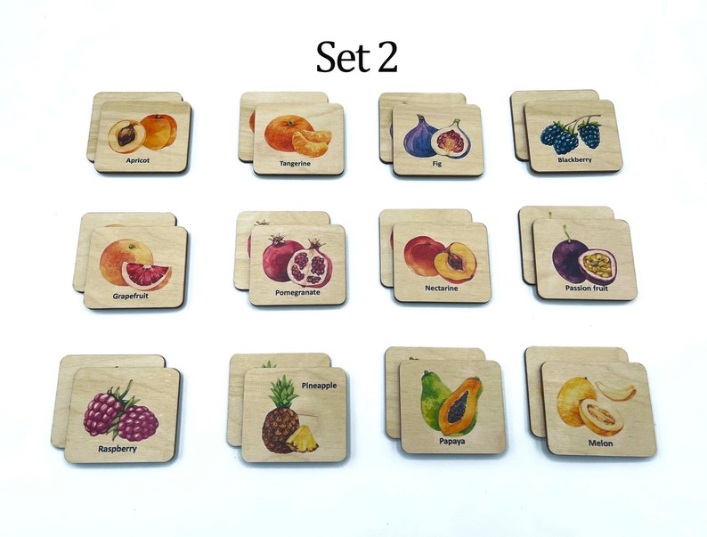 Wooden Montessori Fruits Memory Game/ Toddler Preschool Matching Cards/ bilingual French Homeschool Educational Toys For Kids image 3