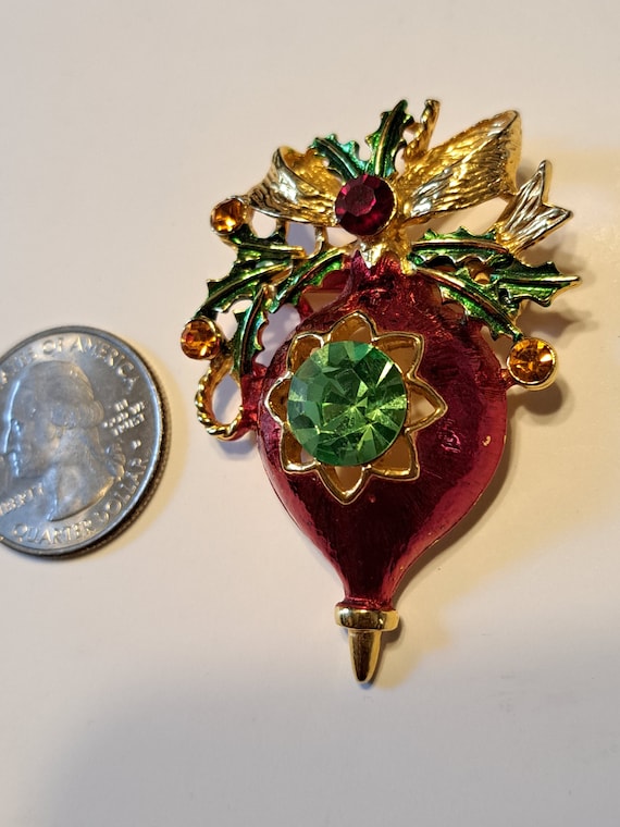 Vintage Goldtone Red Christmas Ornament Brooch Pin - image 2