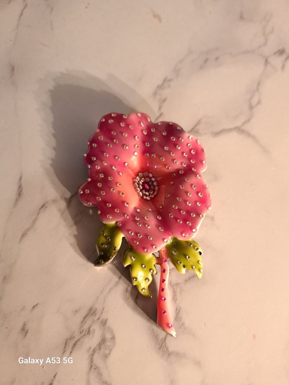 Vintage Enamel Sparkly Pink Flower Brooch Pin