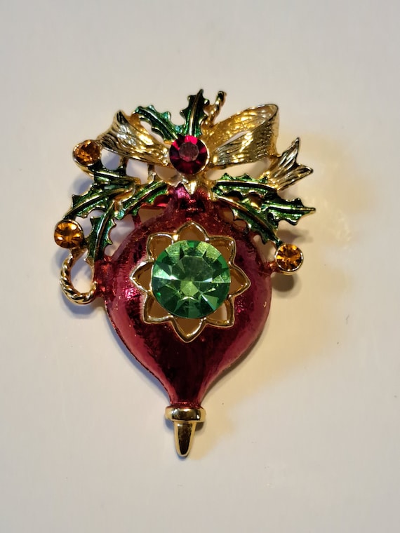 Vintage Goldtone Red Christmas Ornament Brooch Pin - image 1
