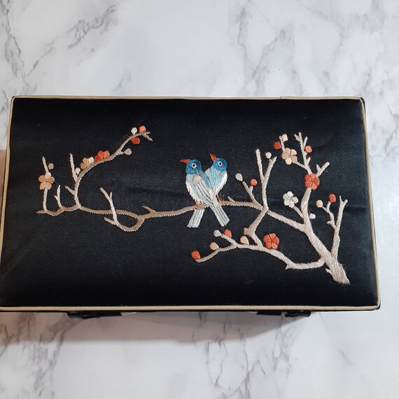 Vintage Chinese Black Silk Embroidery Jewelry Box… - image 2