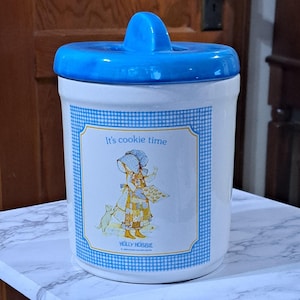 Vintage Holly Hobbie Cookie Jar 1980s  It&#39;s Cookie Time American Greetings Cat Tugs Patchwork Dress