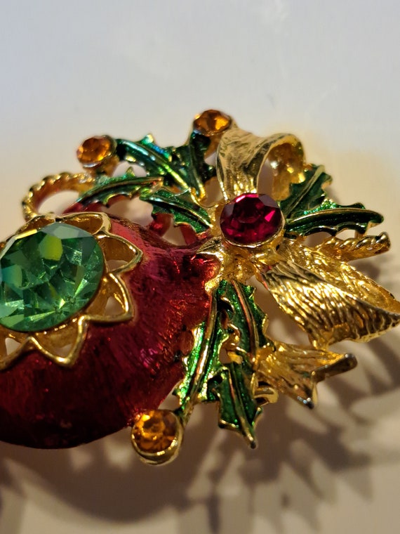 Vintage Goldtone Red Christmas Ornament Brooch Pin - image 5