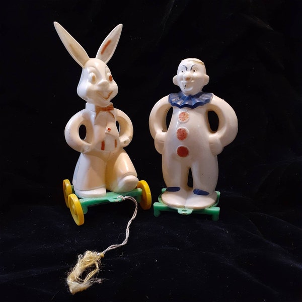 Vintage Lot of 2  Rosbro Celluloid Hard Plastic Bunny and Clown Pull Toys