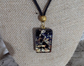Signed Vetro Di Murano Art Glass Pendant Necklace with Cobalt Blue Back with Glittery Multi Colored Accents