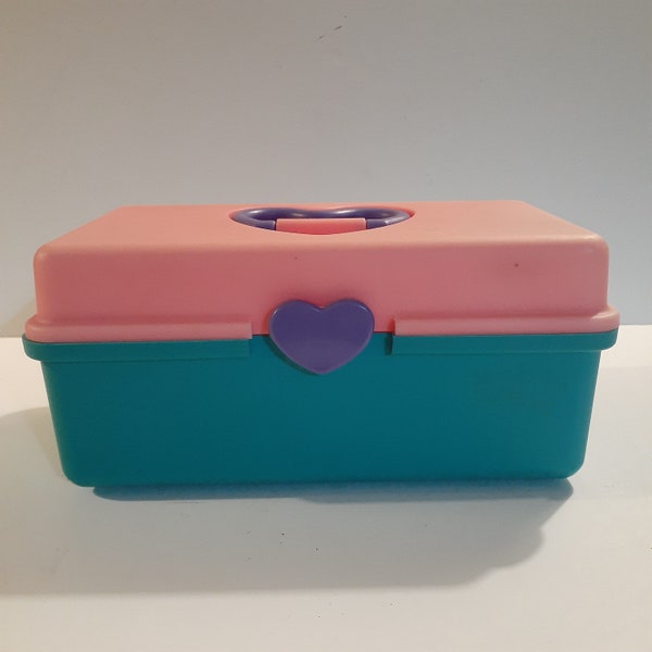 Vintage 1990s Pink & Teal with Purple Hearts Plastic Makeup /Accessory Carrying  Case