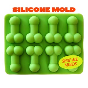 Puede incluir: Un molde de silicona verde con ocho formas fálicas. El molde tiene las palabras "SILICONE MOLD" en naranja en la parte superior y un óvalo amarillo con "SHOP ALL MOLDS" en texto blanco. El molde está sobre un fondo blanco.