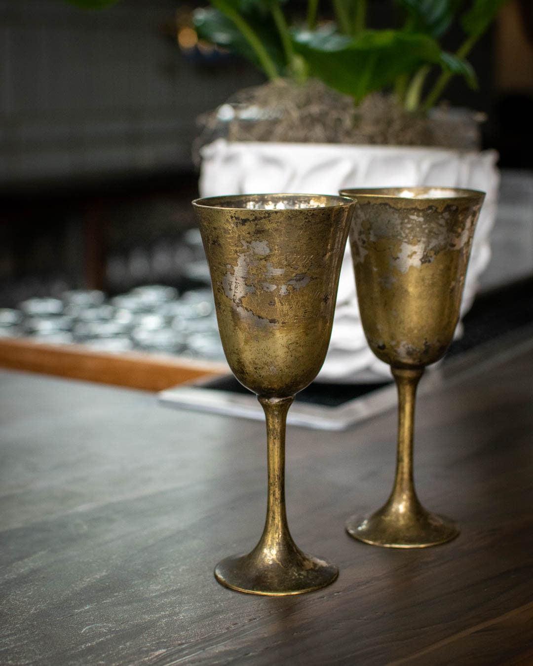 Set of 2 Vintage Silver-plated Brass Wine Goblets, Mid-century