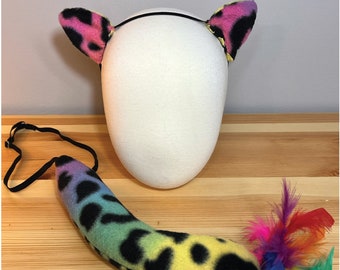 Rainbow Feather Leopard Ear and Tail Set - Easy Halloween Costume Kid - Baby - Toddler - Adult