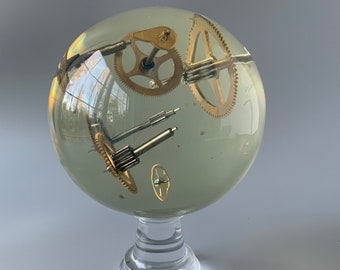 Pierre Giraudon-style Brass Gears Embedded Suspended in Lucite Resin Acrylic Sphere Orb