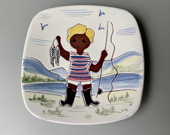 Graveren Norsk Pottery Child with Fishing Rod Square Plate