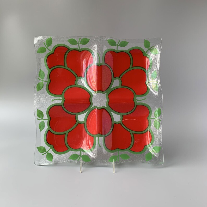 Vintage Square Glass Serving Tray Divided Platter with Graphic Red Apples by Colony