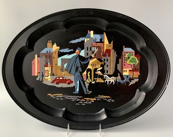 Hand-painted Paris Scene Tole Tin Tray Mid Century Modern