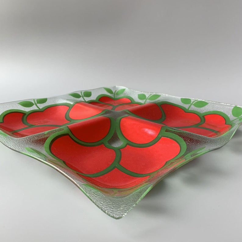 Vintage Square Glass Serving Tray Divided Platter with Graphic Red Apples by Colony