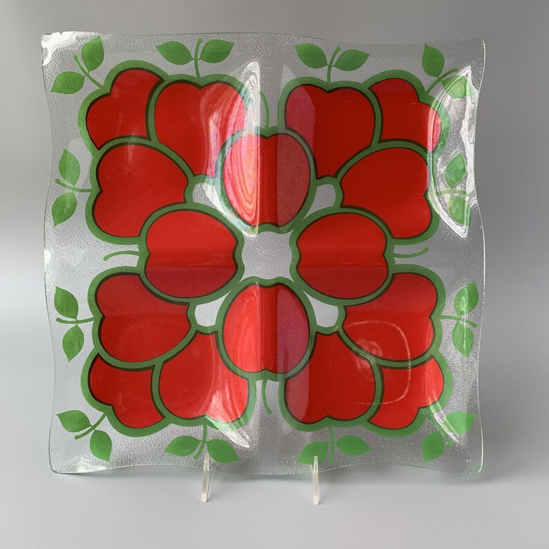 Vintage Square Glass Serving Tray Divided Platter with Graphic Red Apples by Colony
