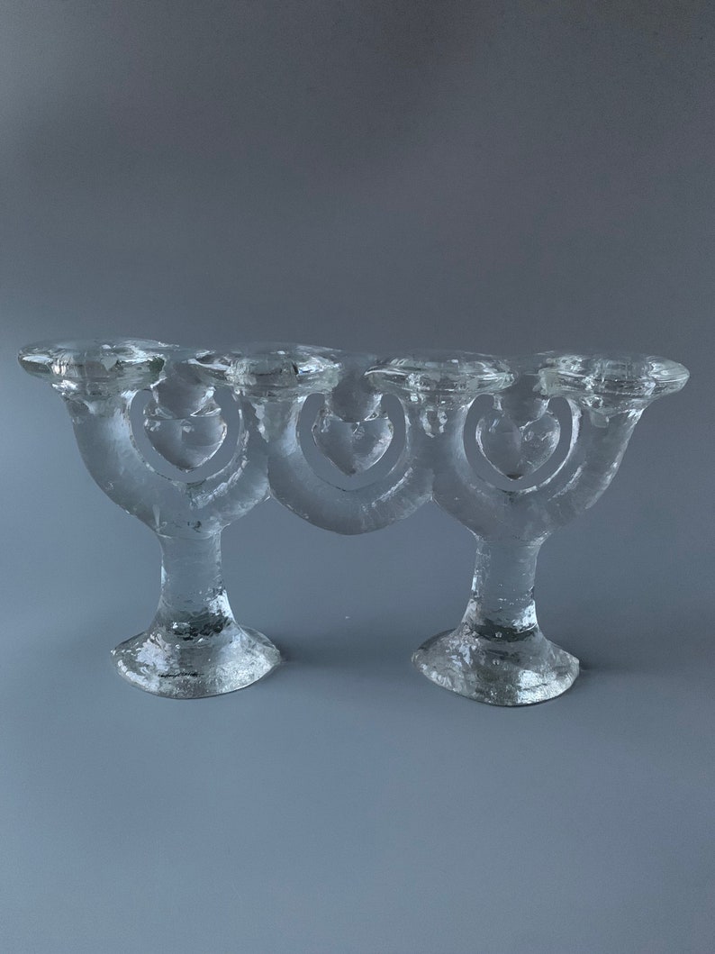 RARE Pukeberg Glass Heart Candelabra and Candle Holder Set by Stefan Gallenstadt image 5