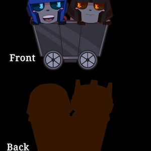 May include: A blue and red robot and a black robot with orange eyes are riding in a gray mine cart. The cart has black wheels and is on a black background.