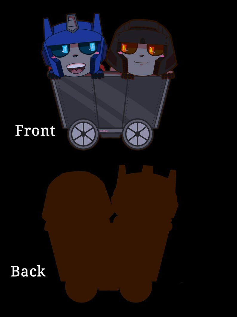 May include: A blue and red robot and a black robot with orange eyes are riding in a gray mine cart. The cart has black wheels and is on a black background.
