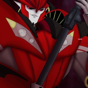 May include: A digital illustration of a red robotic character with a white face, sharp features, and glowing red eyes. The character holds a long staff with a glowing blue energy tip. The text KNOCKOUT is displayed in white at the bottom right.