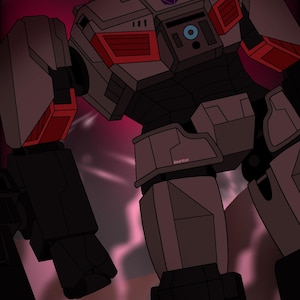 May include: A gray and black robot with red accents and glowing red eyes. The robot has a large chest panel with a purple Autobot symbol. The robot is standing on a dark red background.