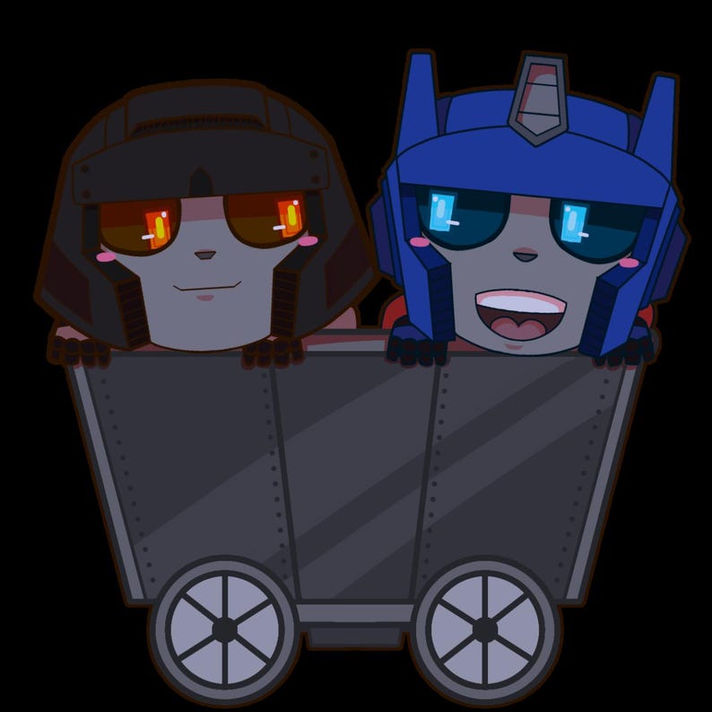 May include: Two cartoon robots, one black and one blue, are riding in a gray mine cart. The black robot has red eyes and a smile, while the blue robot has blue eyes and a wide grin.