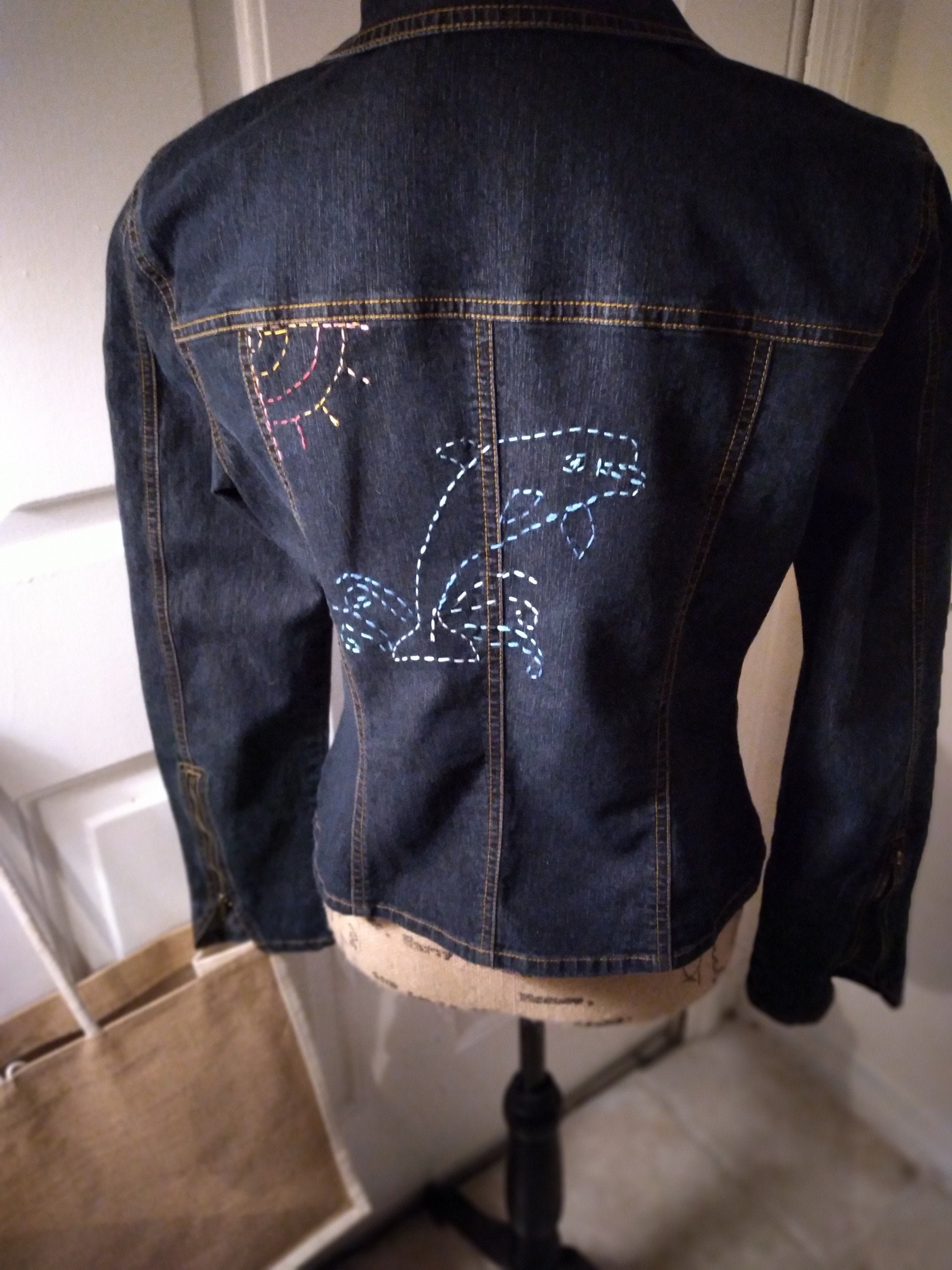 Sashiko Dolphin Upcycled Bisou Bisou Jeans Jacket Size 14 | Etsy Hong Kong