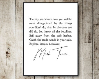 Inspirierender Spruch digitaler Download Druck, mark twain, zwanzig Jahre, explore dream discover print, Motivation Printable, Minimalistisches Dekor
