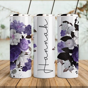 Seamless tumbler design, purple floral  png, add your own text or nam,  png for sublimation, 20oz Skinny straight Tumbler Wrap