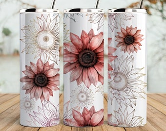 May include: Three stainless steel tumblers with a white background and a floral design featuring pink and gold sunflowers.