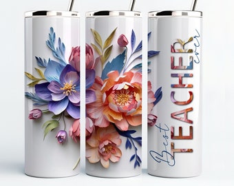 Op de afbeelding: Drie witte roestvrijstalen bekers met deksels en rietjes. De bekers hebben een bloemenmotief met roze, oranje en blauwe bloemen. Een beker heeft de tekst "Best Teacher Ever" in blauwe letters.