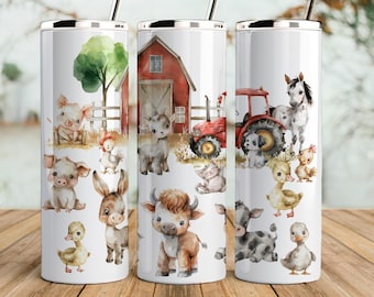 Farm tumbler wrap,  seamless design, cute watercolor farm animals tumbler png for sublimation, 20oz Skinny straight Tumbler Wrap, download