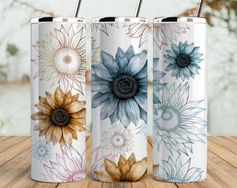 May include: Three stainless steel tumblers with a white background and a pattern of sunflowers in various shades of blue, brown, and beige.