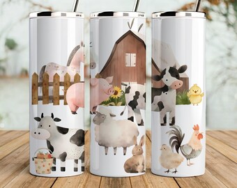 Farm tumbler wrap,  seamless design, cute watercolor farm animals tumbler png for sublimation, 20oz Skinny straight Tumbler Wrap, download