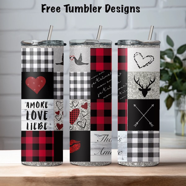 Valentines Tumbler Design, buffalo plaid hearts Amore , love 20oz Skinny straight Tumbler Wrap, sublimation  PNG Digital Download