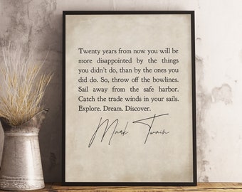 Inspirierender Spruch druck jpg, mark twain, zwanzig jahre, explore dream discover print, Motivation Print, Minimalistisches Dekor, Printable