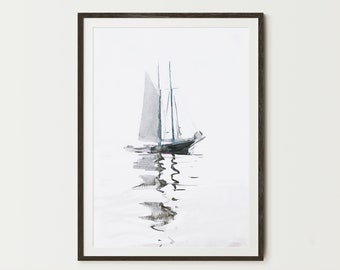 Descarga digital de impresión de arte de velero, arte de pared náutica, velero de acuarela imprimible, decoración de pared minimalista, impresiones artísticas