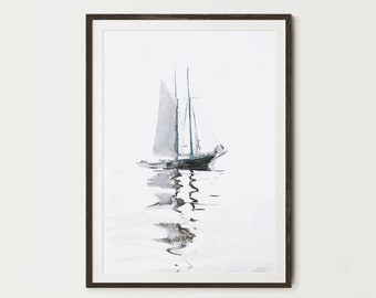 Sailboat art print digital download, nautical wall art, watercolour sailboat  printable, Minimalist Wall Décor, Art prints