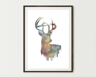 Aquarell Hirschkopf Jpeg, Druckbare Wandkunst, Sofortiger Download Wandkunst, Minimalistisches Wanddekor, Kunstdrucke