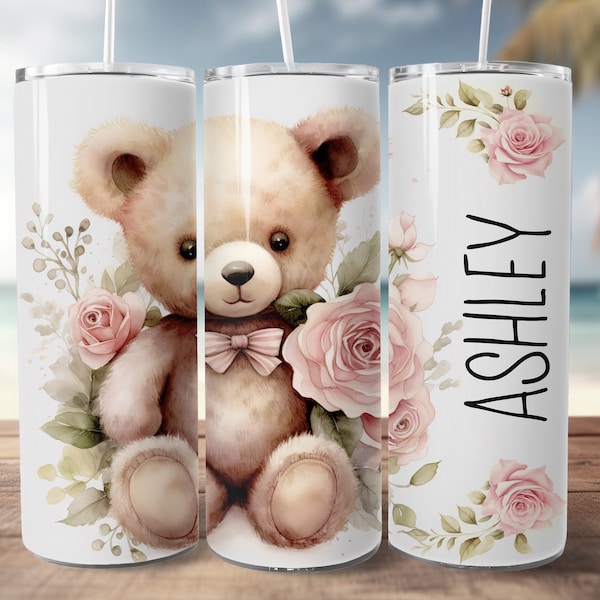 Teddy bear Tumbler design, cute vintage bear and roses to personalize, 20oz Skinny straight Tumbler Wrap, tumbler wrap for girl, download
