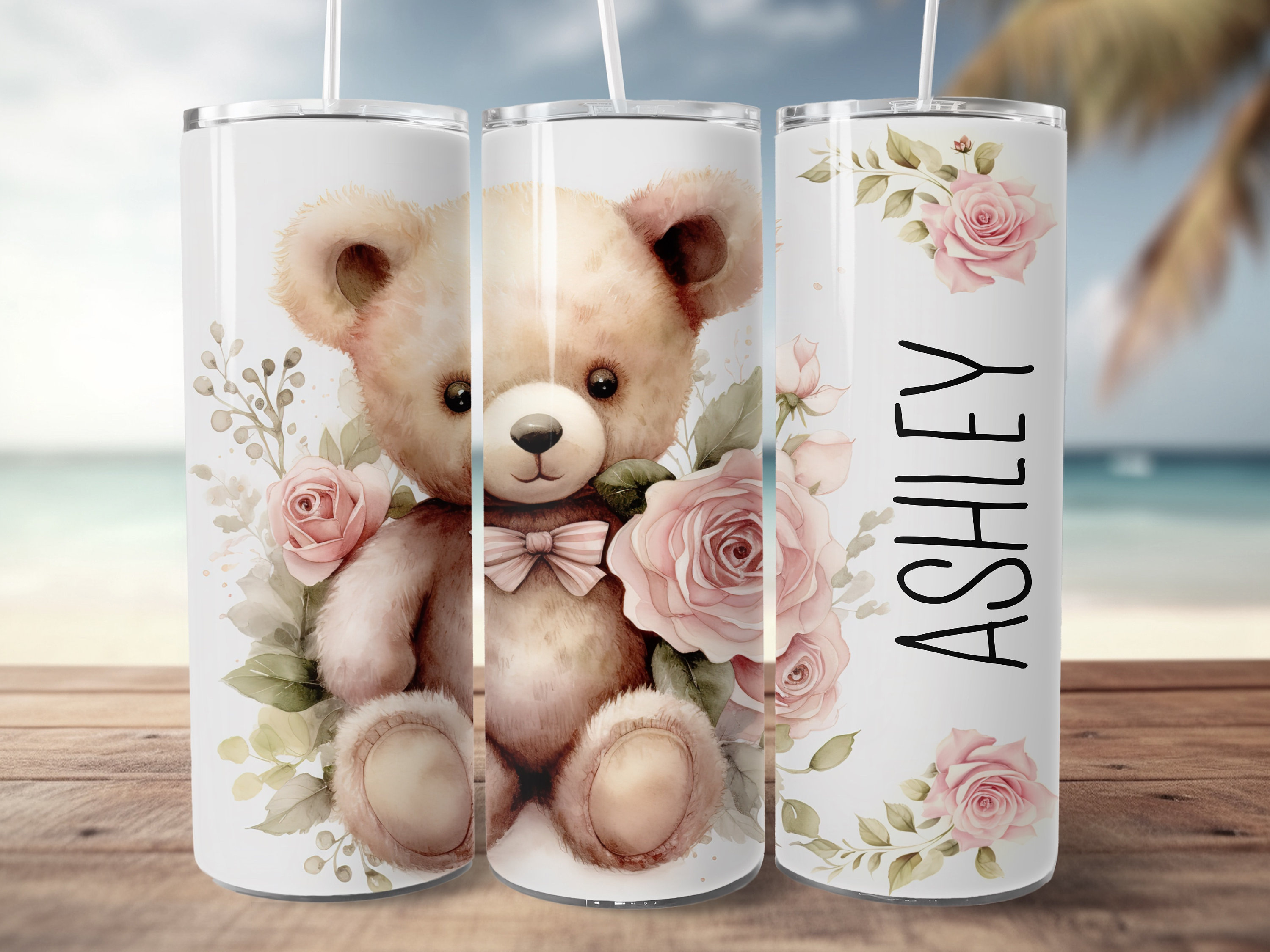 Teddy Bear Tumbler Design, Cute Vintage Bear and Roses to