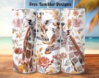 May include: Two watercolor giraffes with long necks and brown and white spots are surrounded by pink, yellow, and orange flowers. The giraffes are looking at each other and have a sweet expression. The background is white.